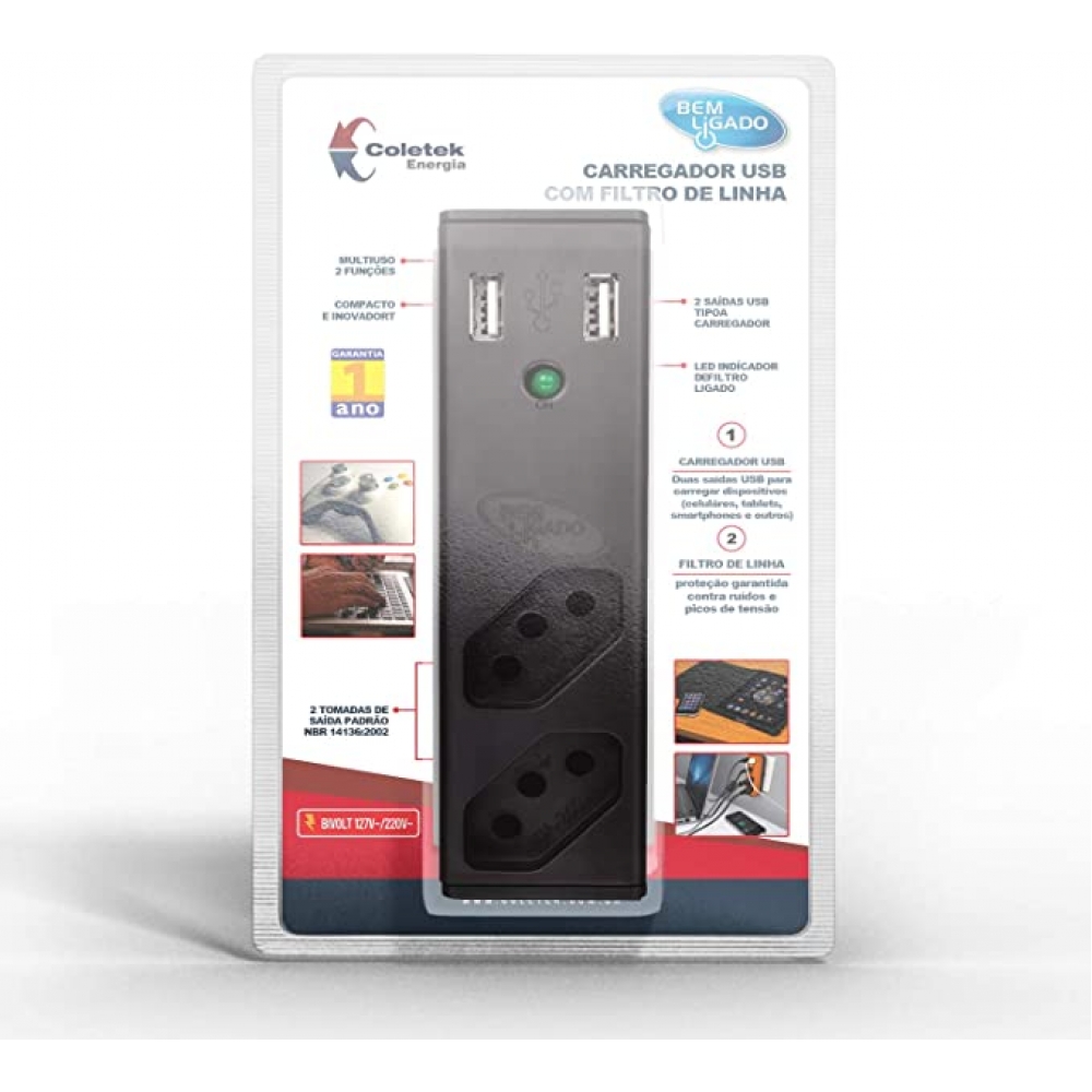 Carregador Tomada USB 2,1A + Filtro Bem Ligado FL-USB21 - Cinza